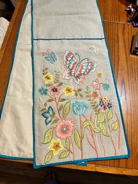Embroidered Butterfly & Floral Table Runner Teal Trim boho cottage core spring